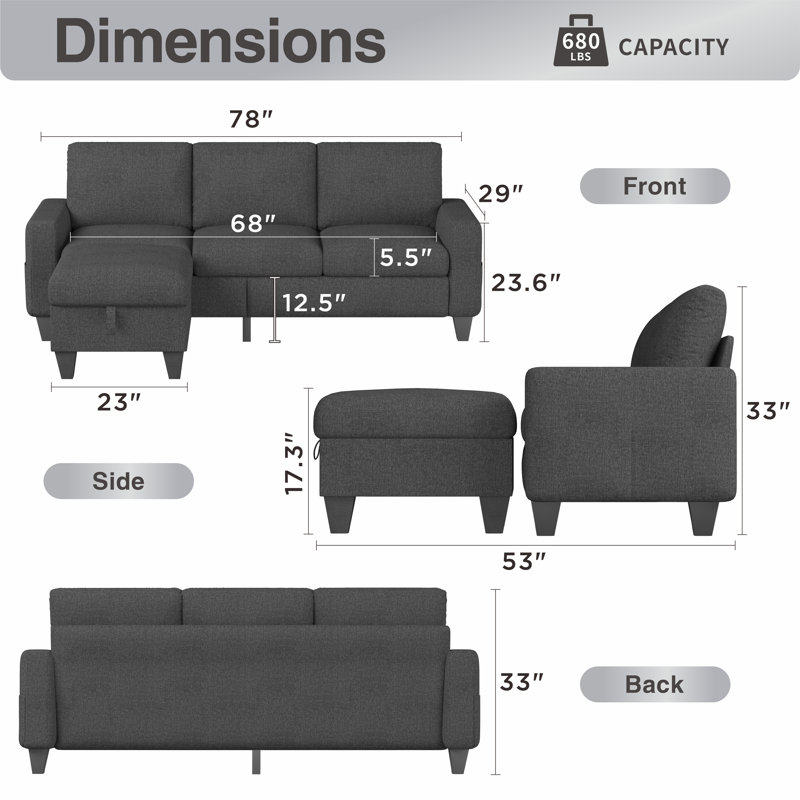 Canapé modulaire réversible avec repose-pieds Adelyna, Mélange de lin gris foncé