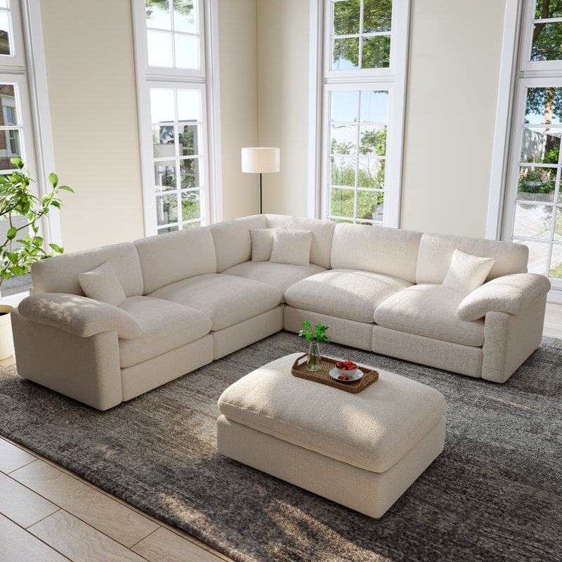 Canapé modulaire de coin moderne 6 pièces avec repose-pieds amovible Cloud, Beige Fabric
