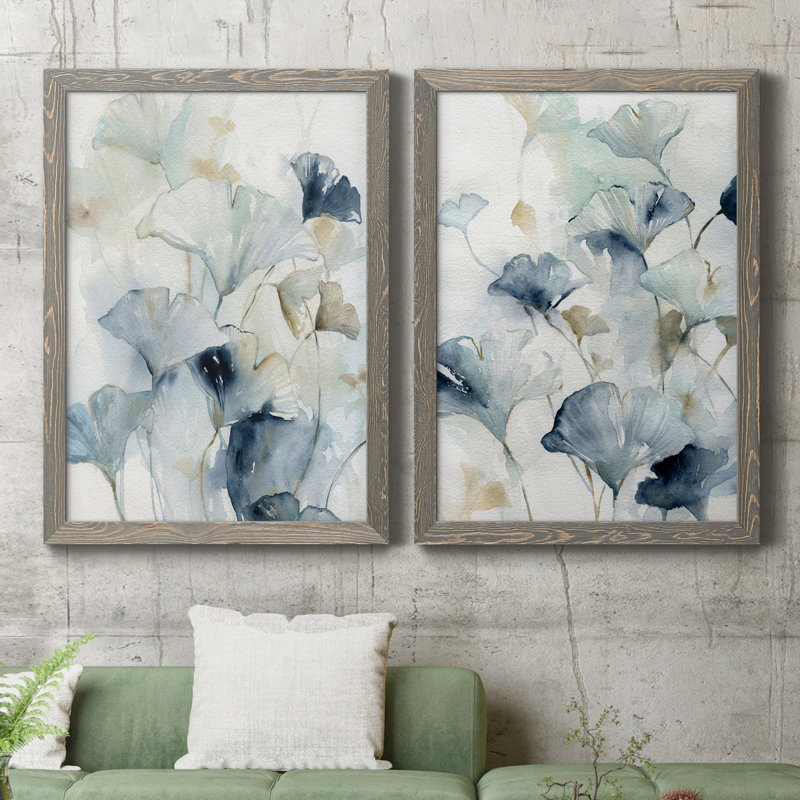 Indigo Ginkgo I - peinture sur toile 2 pièces, H 24 po x l 20 po x P 1 po, Encadré gris