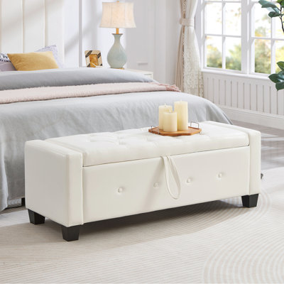 Banc avec repose-pieds 48 po avec rangement, banc pour chambre à coucher, salon, couloir, repose-pieds capitonné en similicuir PU ivoire
