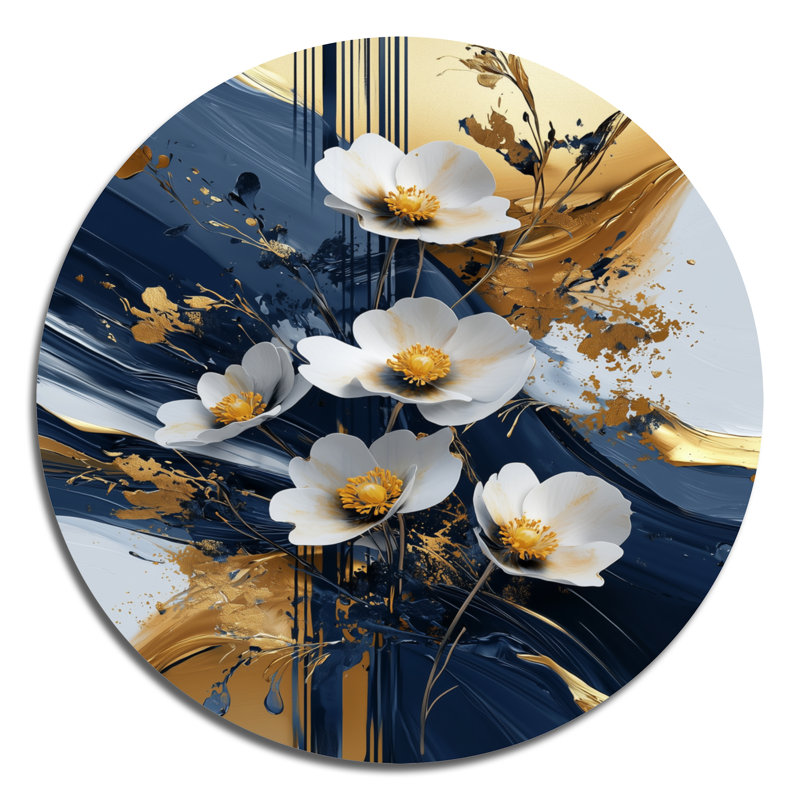 Golden Graceful Buttercups II - Buttercups, décoration murale ronde en métal, impression traditionnelle en métal doré