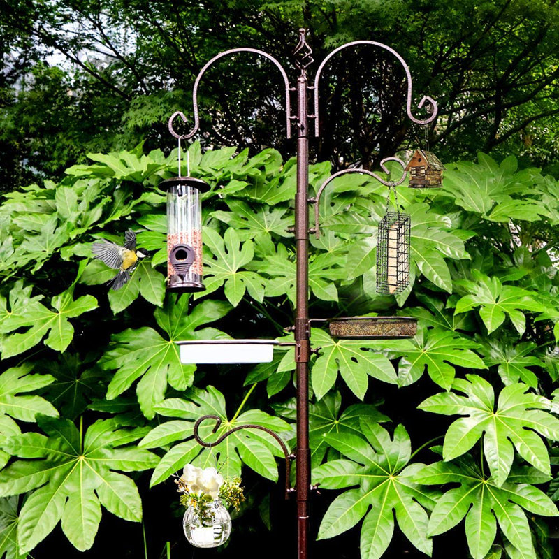 Mangeoire à oiseaux 91 po en bronze avec 4 mangeoires, crochets réglables et bol à eau pour jardin extérieur