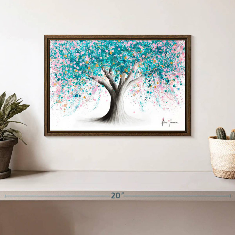 Arbre à fleurs turquoise, Cadre flottant en noyer, 13 po x 9 po