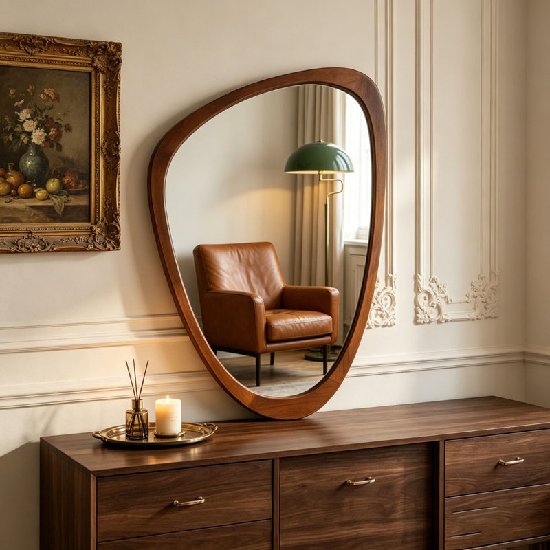 Miroir décoratif irrégulier, 24 po x 36 po, Noir + noyer foncé