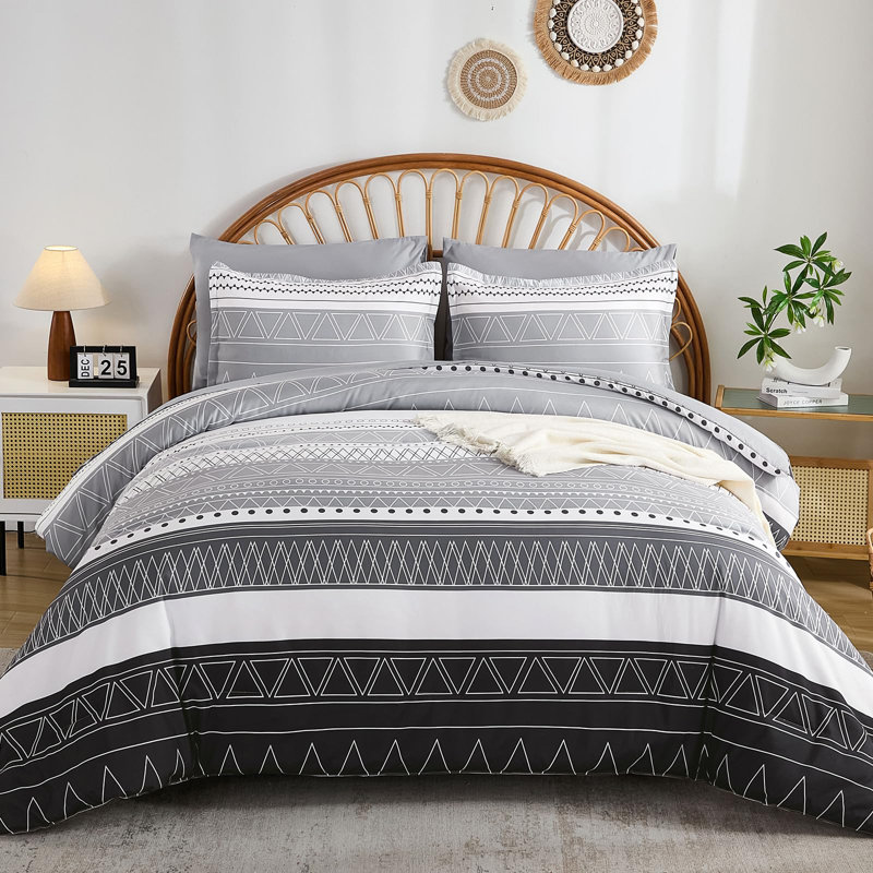 7 Pieces Boho Geometric Striped Comforter Set Soft Microfiber with Pillowcases, Flat Sheet, Fitted Sheet & Pillow Shams