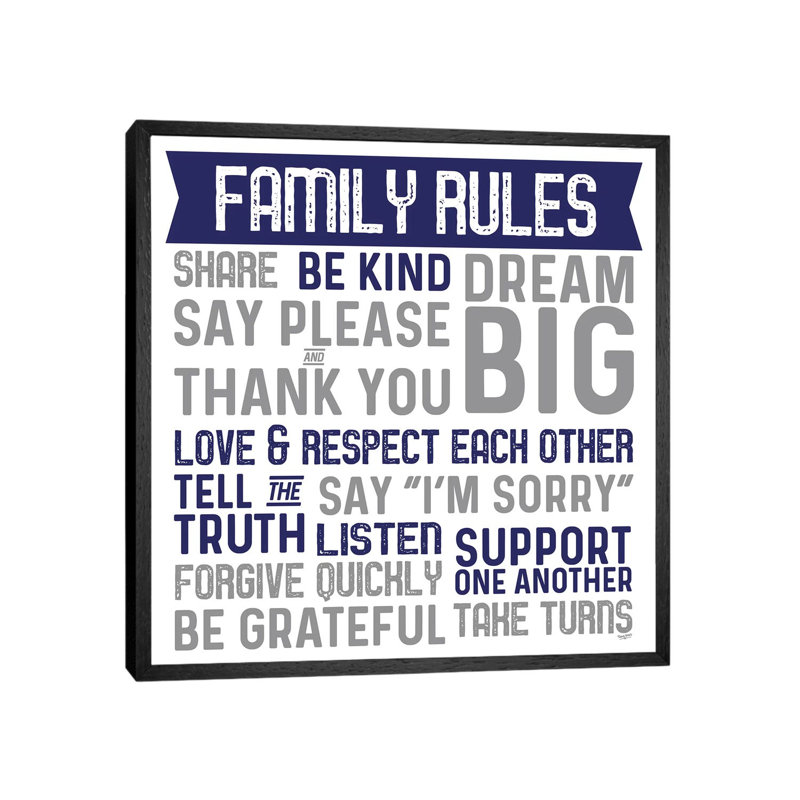 Family Rules II Blue Grey 1 Piece Wall Art on Canvas, 45.72cm H x 45.72cm W x 3.81cm D, Black Framed