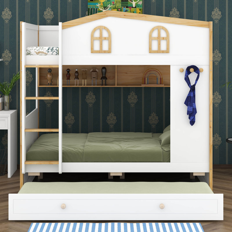 Lit superposé avec garde-corps en forme de maison et lit gigogne, lit superposé en bois avec tablettes de rangement
