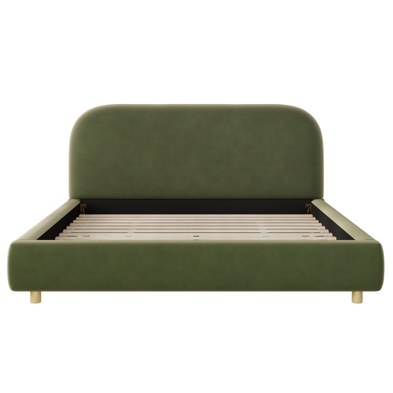Grand lit plateforme avec tissu en velours, lit tapissier avec tête de lit épaisse Curve Design, vert olive