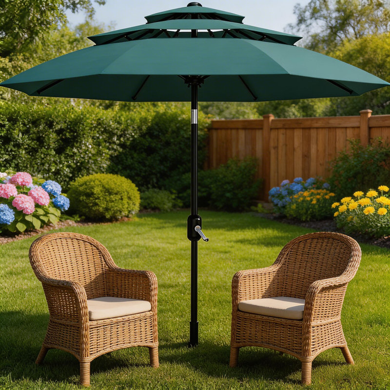 Parasol de patio à 3 niveaux 10 pi avec évents, manivelle et inclinaison faciles, Turquoise