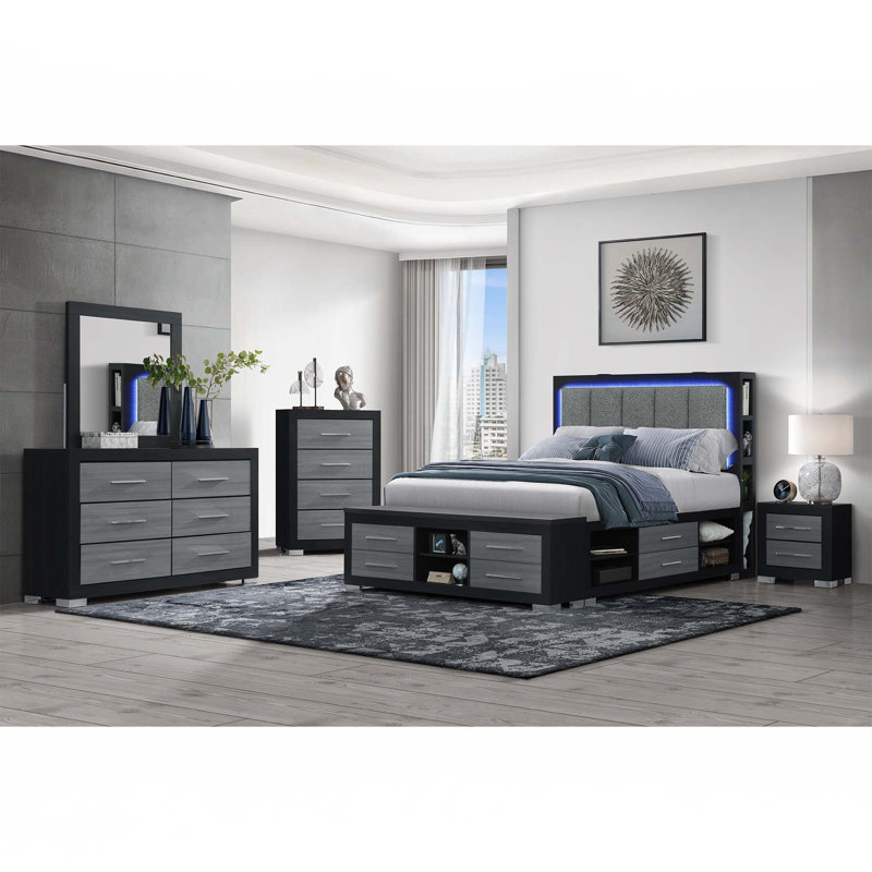Ensemble de chambre à coucher 5 pièces, Noir/gris, Très grand