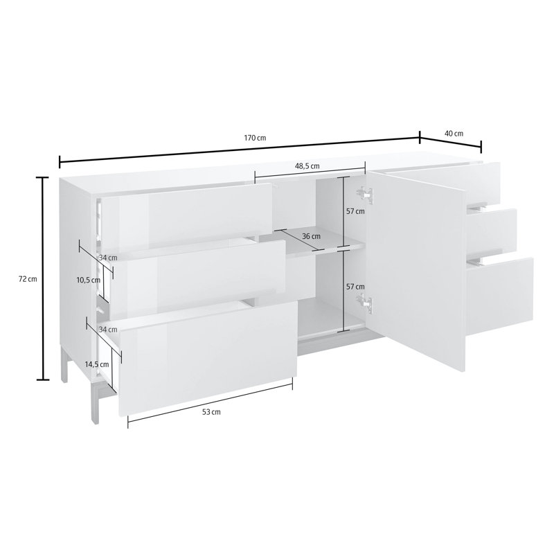 Cadiz 170 Cm Wide 6 Drawer Sideboard, Glossy White