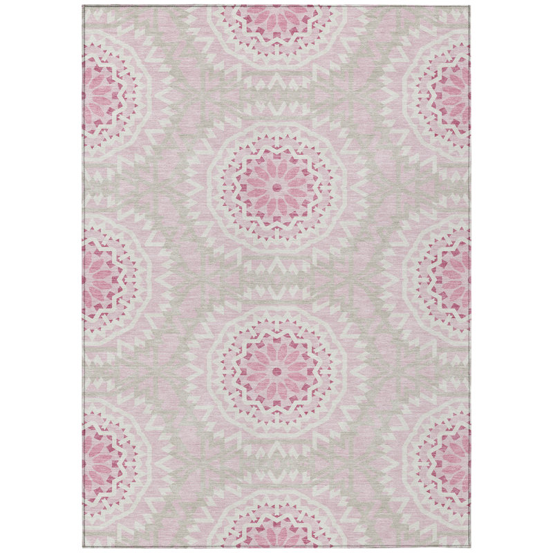 Tapis intérieur lavable 10 pi x 14 pi rose et ivoire avec médaillon floral