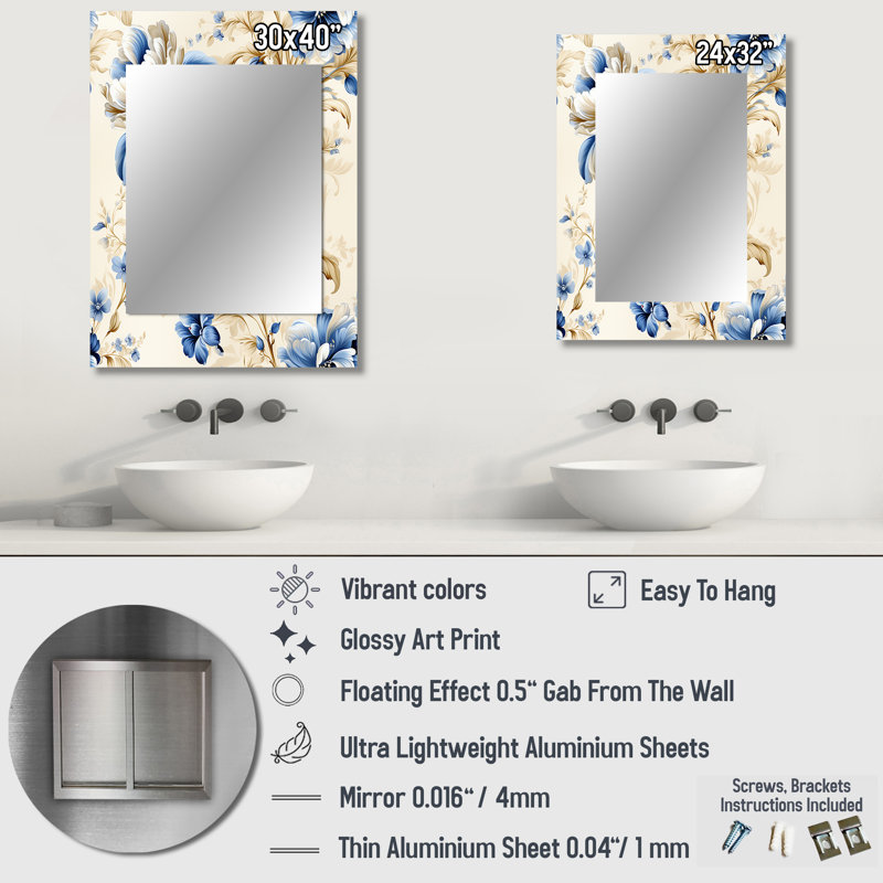 Motif victorien Hoover Cobalt Blue Ornate Corners - grand miroir floral, miroir mural décoratif floral, impression d'art en métal