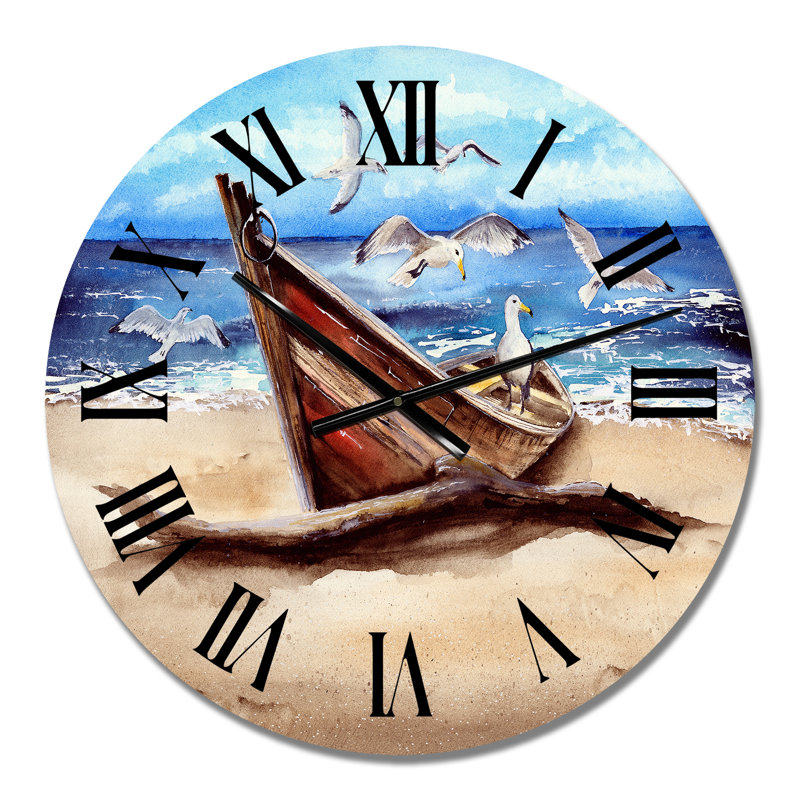 Un vieux bateau de pêche sur la plage de sable - horloge murale nautique et côtière, Petit