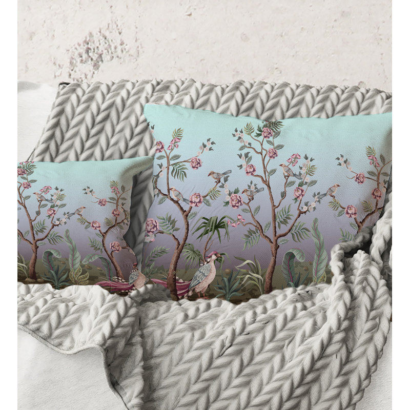 Carré, chinoiserie avec oiseaux et pivoines II - coussin décoratif traditionnel, 18" x 18"