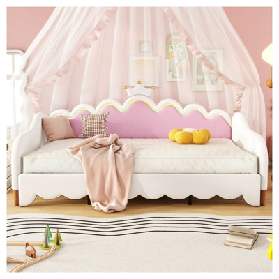Twin Extending Daybed with LED Lights, Modern White Upholstered Platform Bed Frame for Kids