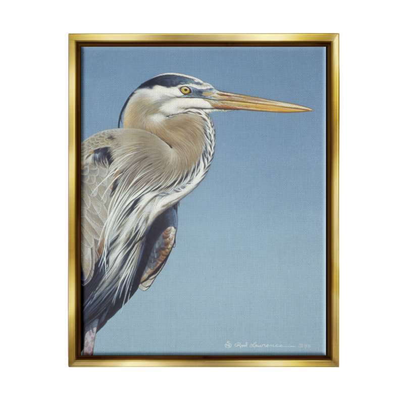 «Heron Portrait on Blue» par Rod Lawrence, Cadre flottant métallique doré, H 21 po x l 17 po x P 1,7 po