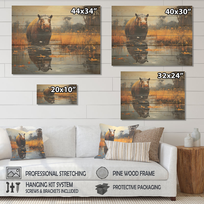 Hippo The Savanna King IV - Hippopotamus On Wood Print, 30" H x 40" W x 0.78" D