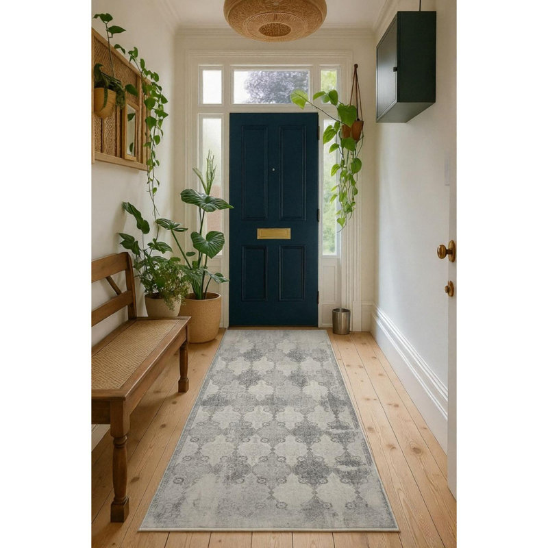 Tapis de couloir intérieur en damas gris / beige 2 pi x 8 pi (2 pi 3 po x 8 pi) Branch Branch