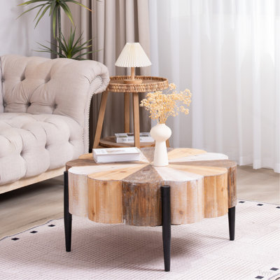 Rustic Manufactured Wood Flower - Shaped Coffee Table With Metal Legs, 31.7" Diameter Vintage Distressed Center Table For Living Room