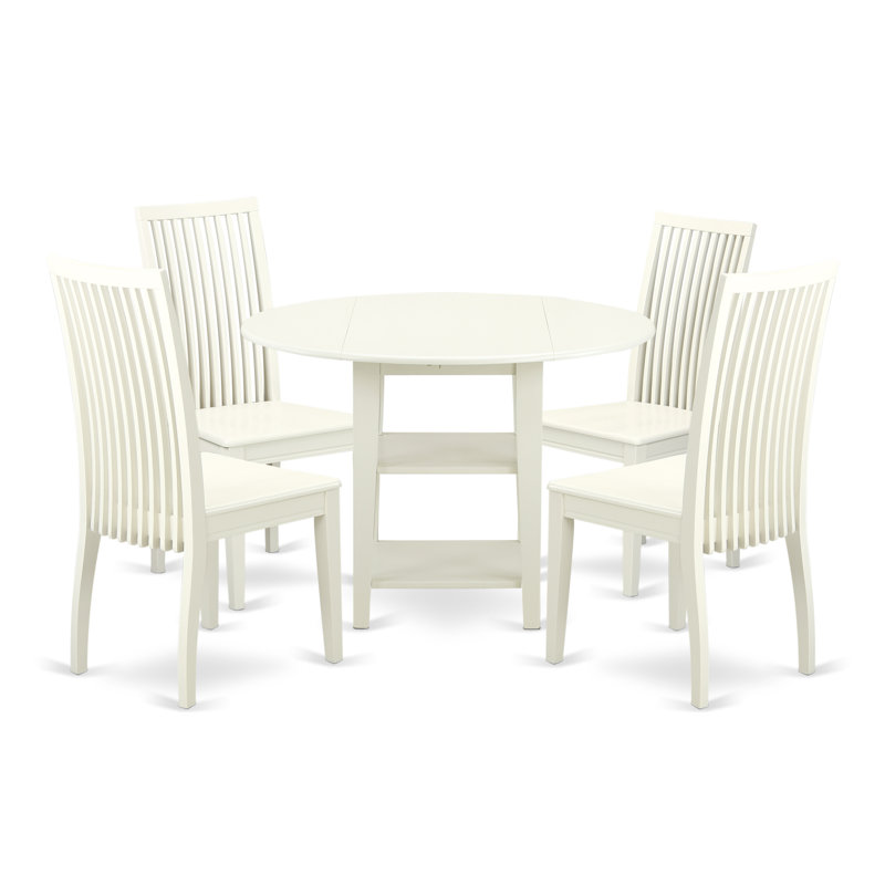 Ensemble de table à manger 5 pièces pour 4 personnes comprenant une table ronde avec tablettes Dropleaf et 4 chaises de salle à manger, lin blanc