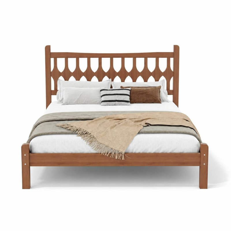 Lit plateforme double en bambou avec tête de lit en forme de losange, structure en bambou massif avec lattes de soutien intégrées