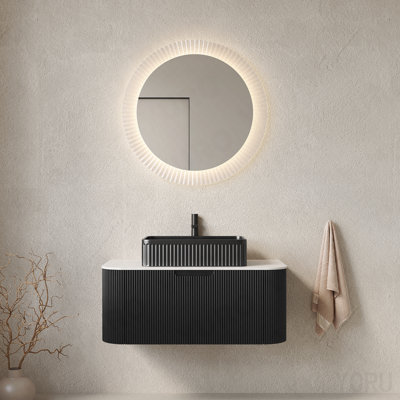 36" Bathroom Vanity With Sink, Wall-Mounted Floating Curved Edges Striped Bathroom Storage Cabinet With Drawer, Black Rectangular Ceramic Basin, No Faucet, Pre-Assembled, Black Color