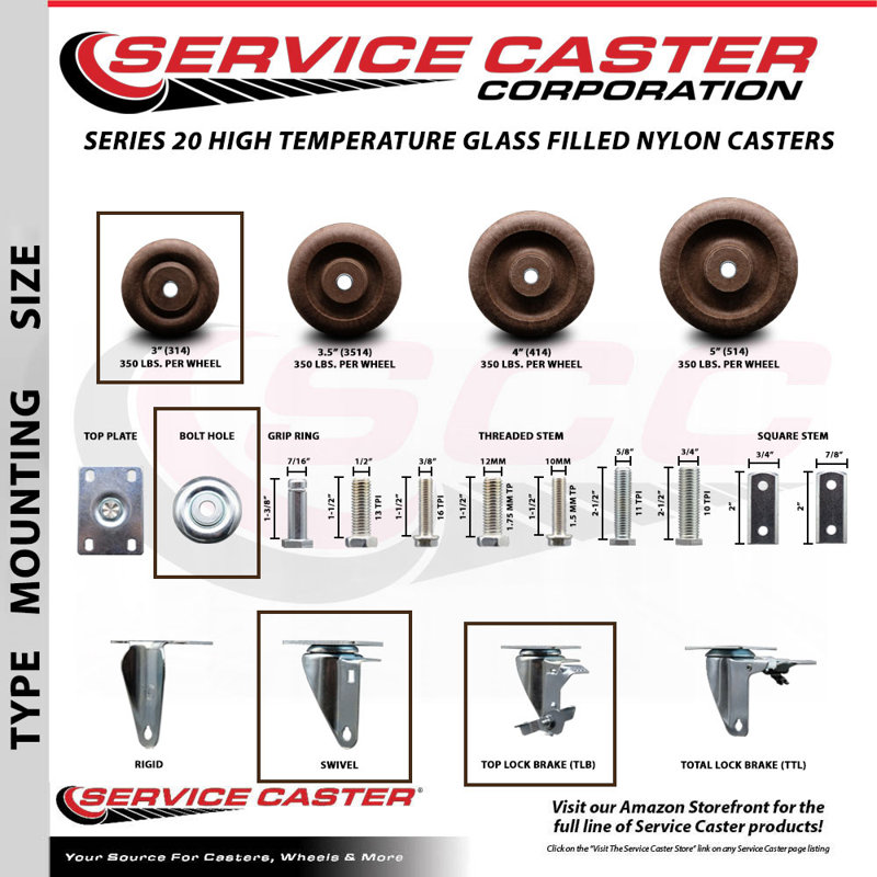 High Temp Glass Filled Nylon Swivel Bolt Hole Caster Set with Brake