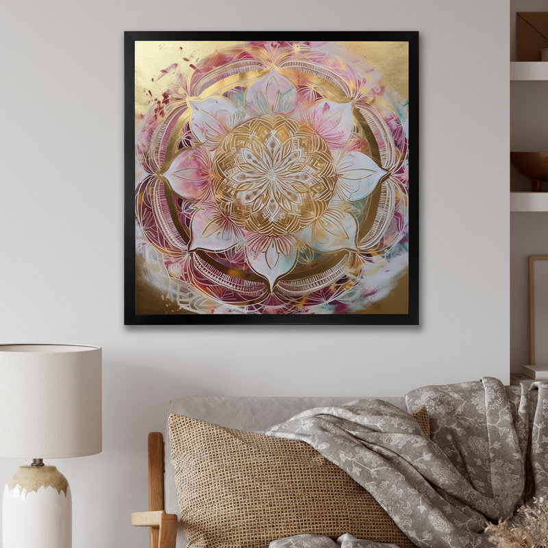 Mandala doré rose II sur toile, Cadre d'angle fermé noir, H 16 po x l 16 po x P 1 po