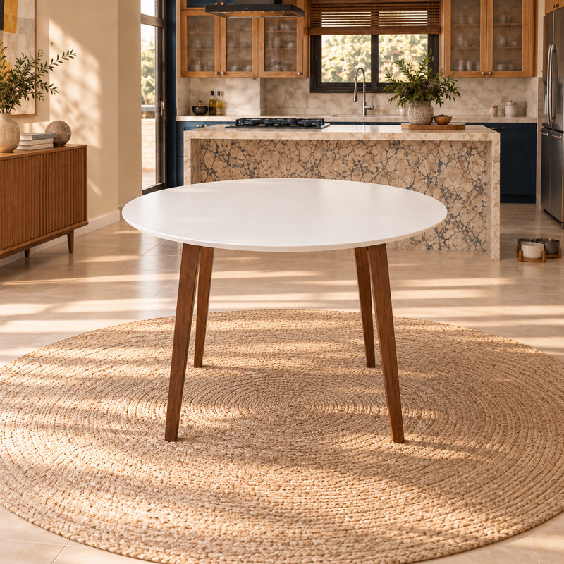 Bannie Rubberwood Round Solid Wood Top with Solid Wood Base Dining Table, White