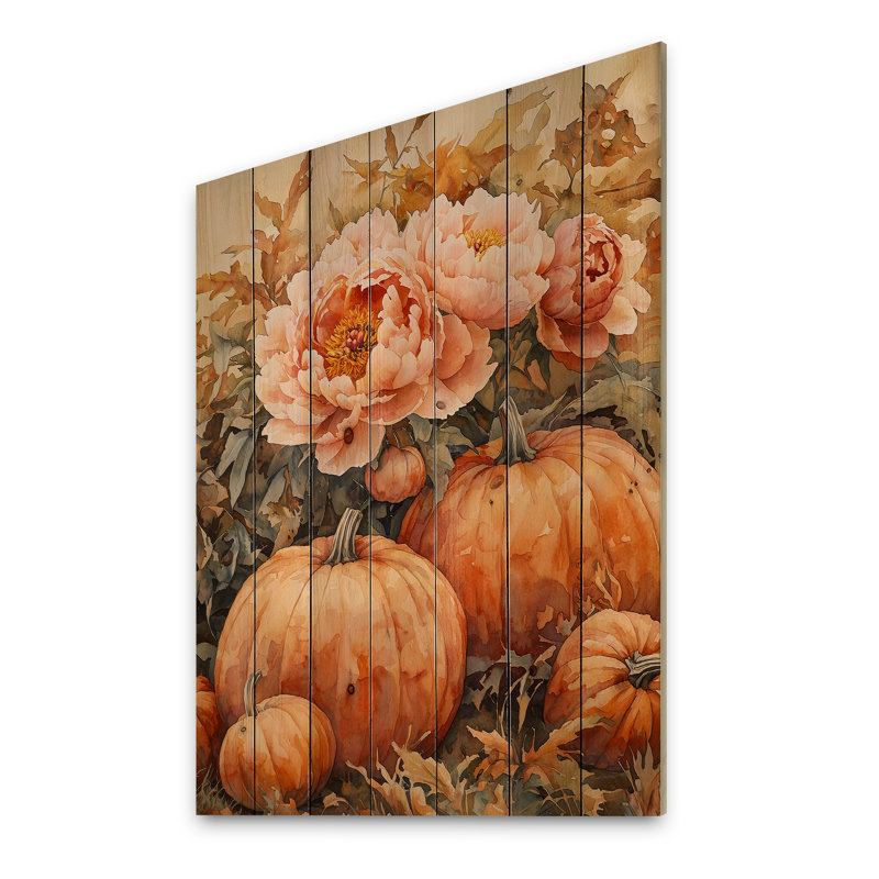 Pivoines parmi les citrouilles - Art mural en bois pivoines - sur bois de pin naturel, H 40 po x l 30 po x P 0,78 po
