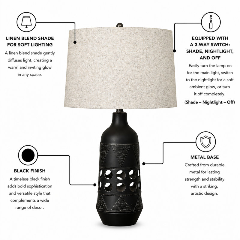 Lampe de table en céramique Glow - 72,4 cm (28,5 po) avec veilleuse - Finition noire, Noir