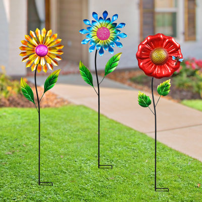 Exhart 3 Piece Metal Flower Garden Stake Set, 9 Inch