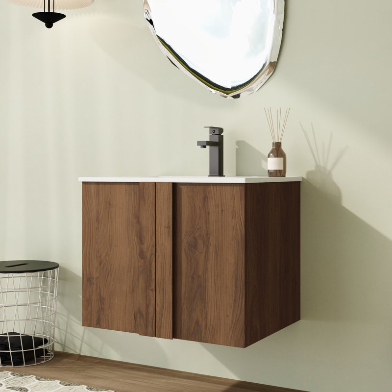 Meuble-lavabo simple mural 24 po avec comptoir en céramique et meuble flottant brun de 24 po, 24