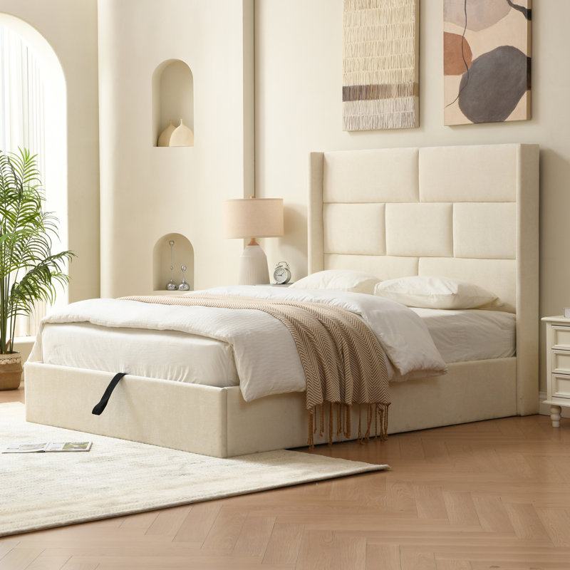 Braya Hydraulic Lift and Storage Upholstered Flat Bed with High Headboard, Cream, Queen