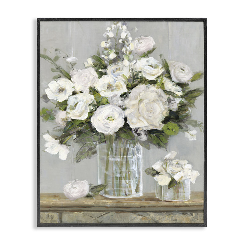 Scène florale champêtre blanc, art giclée par Sally Swatland, H 20 po x l 16 po, Giclée encadrée noir minuit
