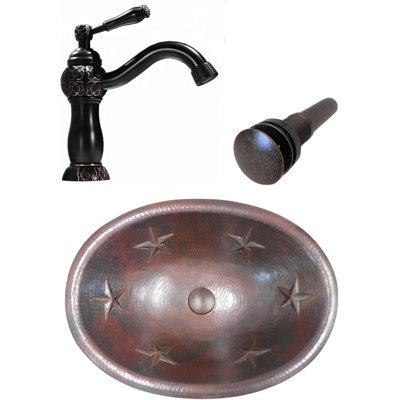 Lavabo pour salle de bain ovale en cuivre 19 po avec design en étoile et robinet à ouverture rapide 9 po