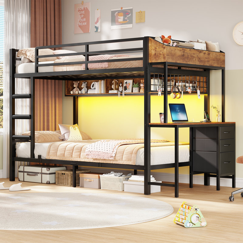 Twin over Twin Size Bunk Bed with Desk and 3 Storage Drawers, LED Loft Bed with Utility Storage Shelf and Boxes Black, Black