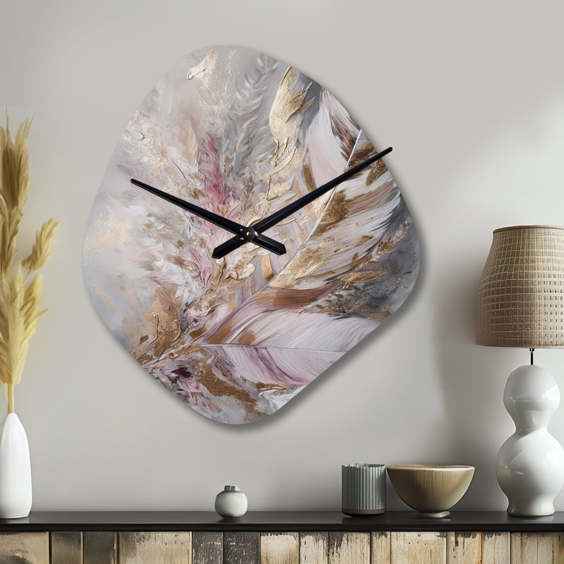 Rose Boho Majesty I - horloge murale en forme de plume glamour unique en métal, impression d'horloge asymétrique, Grand