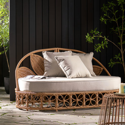 Brown Outdoor Daybed With Cushion And Pillows Fabric Throw