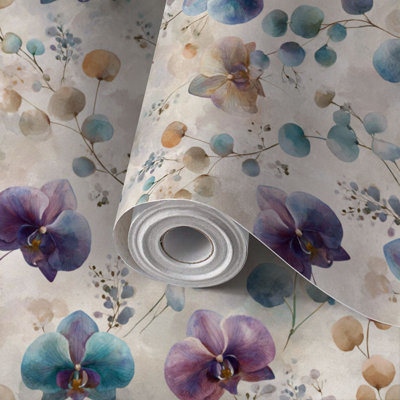 Papier peint adhésif peler et coller en PVC, revêtement mural auto-adhésif amovible avec impression de jardin botanique d'orchidée violet doux, imperméable pour la décoration intérieure - rouleau