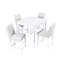 Ensemble table et chaises de salle à manger blanches, hauteur du comptoir, forme carrée avec broderie de cristal. Structure en bois massif. Quatre chaises blanches rembourrées.