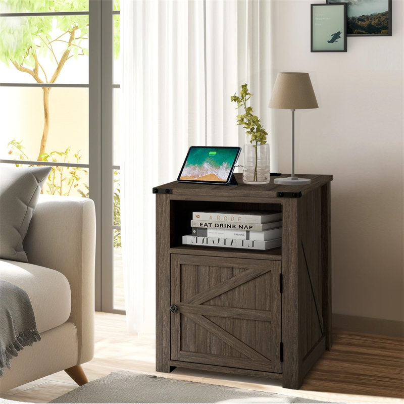 Modern Farmhouse Nightstand with Charging Station (2 AC Outlets, USB-C & USB), 18.1"x18.1"x24.4" Dark Gray End Table with Barn Door Storage, Waterproof Engineered Wood & Black Metal Accents for Bedroom, Living Room