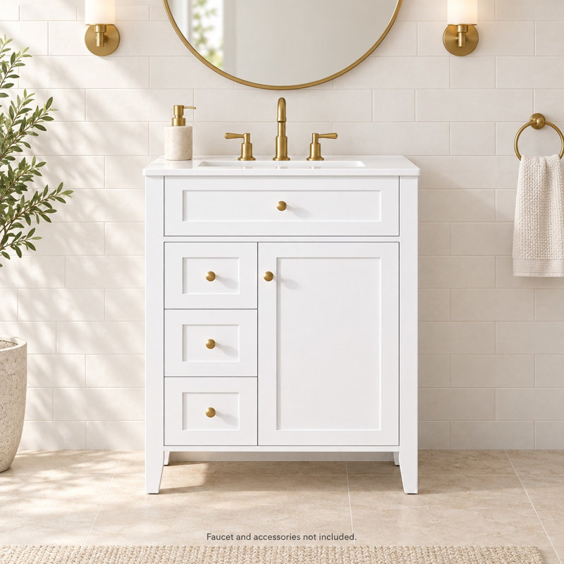 Meuble-lavabo simple de 61 cm (24 po) avec lavabo en céramique, rangement basculant, 2 tiroirs et porte d'armoire à fermeture amortie