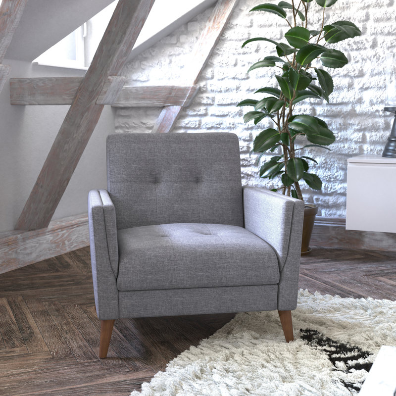 Chaise rembourrée Mid-Century avec pieds en bois, Faux lin gris ardoise