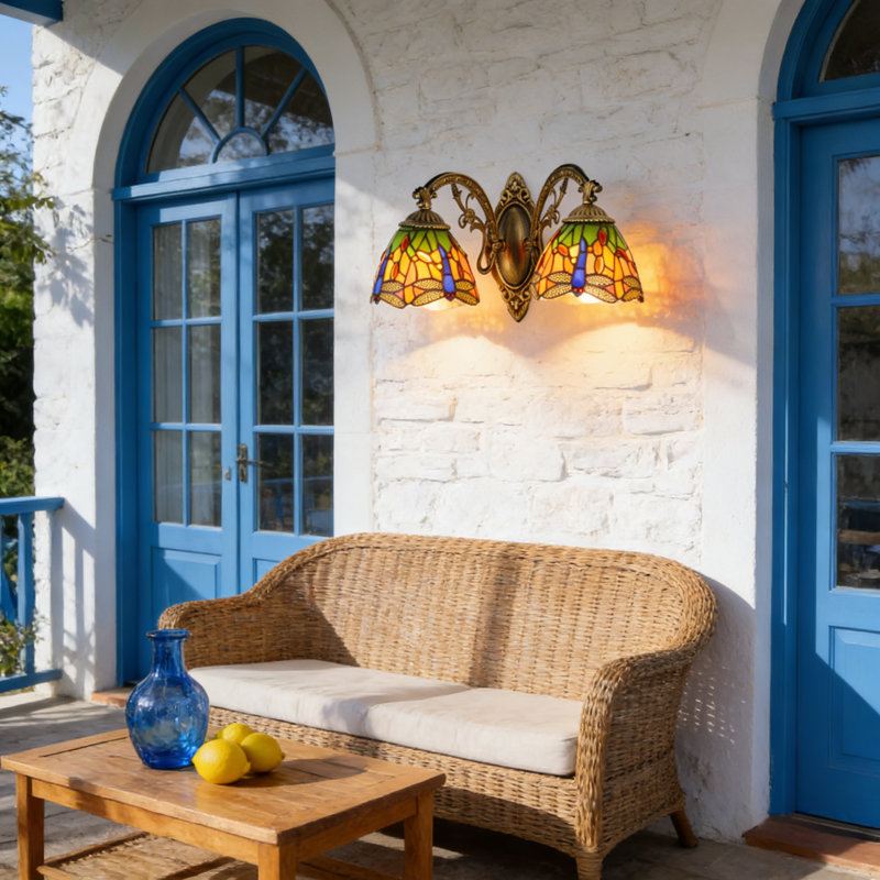6.3-inch Double-shade Vintage Tiffany-style Red Stained Glass Dragonfly Wall Sconces