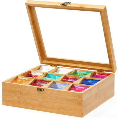 Boîte de rangement de thé en bambou naturel avec une fenêtre supérieure en acrylique transparent, 12 compartiments, boîte de rangement pour sachets de thé écologique, boîte de rangement multifonctionnelle