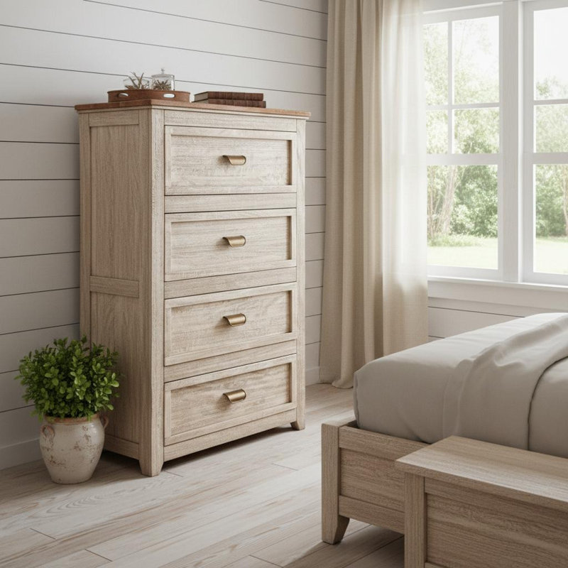 Commode 37 po à quatre tiroirs en bois massif crème