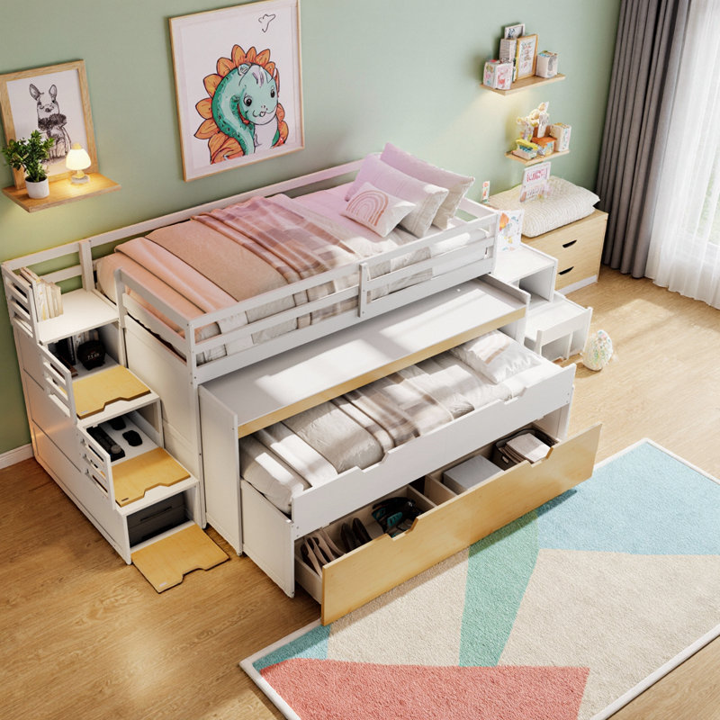 Lit mezzanine avec bureau coulissant et lit gigogne simple, tiroirs et marches, Twin XL, White