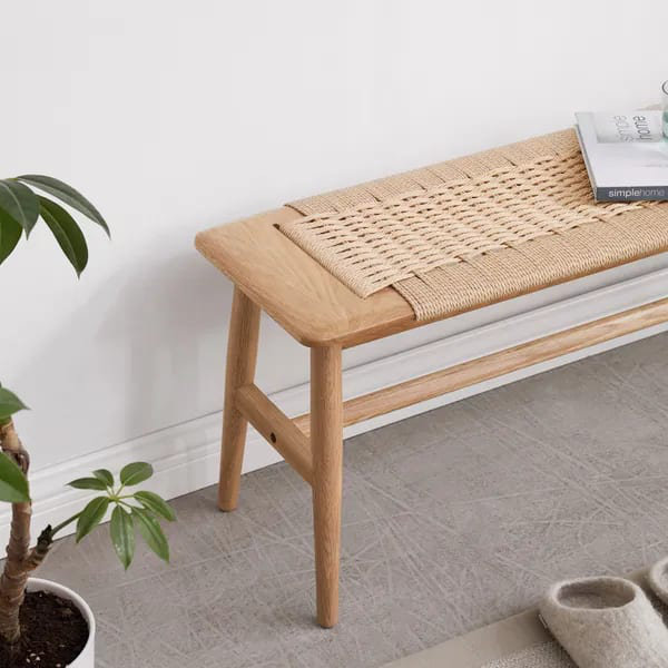 Banc de salle à manger en bois de chêne naturel tissé pour salle à manger, chambre à coucher, salle de bain